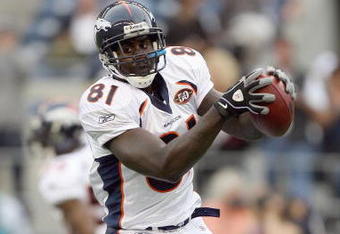 SEATTLE - AUGUST 22:  Richard Quinn #81 of the Denver Broncos warms up before the game against the Seattle Seahawks on August 22, 2009 at Qwest Field in Seattle, Washington. (Photo by Otto Greule Jr/Getty Images)   