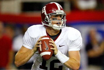ATLANTA - SEPTEMBER 05:  Quarterback Greg McElroy #12 of the Alabama Crimson Tide looks upfield against the Virginia Tech Hokies during the Chick-fil-A Kickoff Game at Georgia Dome on September 5, 2009 in Atlanta, Georgia.  (Photo by Kevin C. Cox/Getty Images)