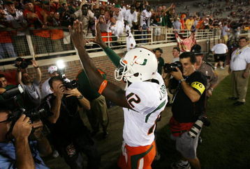 TALLAHASSEE, FL - SEPTEMBER 07:  Quarterback Jacory Harris #12 of the Miami Hurricanes celebrates victory over the Florida State Seminoles as he leaves the field at Doak Campbell Stadium on September 7, 2009 in Tallahassee, Florida. Miami defeated Florida State 38-34.  (Photo by Doug Benc/Getty Images)