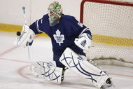 MISSISSAUGA, CANADA - AUGUST 26:  Goaltender Jonas Gustavsson #50 of the Toronto Maple Leafs takes shots during the Upper Deck NHL Rookie Debut on August 26, 2009 at the Hershey Centre in Mississauga, Ontario.  (Photo By Dave Sandford/Getty Images)