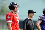 WESTMINSTER, MD - JULY 28:  Head coach John Harbaugh and Joe Flacco #5 of the Baltimore Ravens watch training camp at McDaniel College on July 28, 2009 in Westminster, Maryland.  (Photo by Greg Fiume/Getty Images)