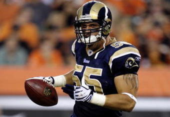 CINCINNATI, OH - AUGUST 27:  Linebacker James Laurinaitis #55 of the St. Louis Rams celebrates after recovering a fumble against the Cincinnati Bengals during the preseason game at Paul Brown Stadium on August 27, 2009 in Cincinnati, Ohio. (Photo by Andy Lyons/Getty Images)