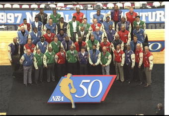 8 Feb 1997:  The 50 Greatest Players in NBA History pose before the All-Star game. Mandatory Credit: Brian Bahr  /Allsport