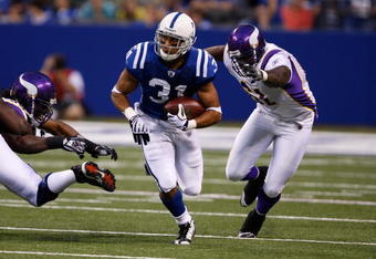 INDIANAPOLIS, IN - AUGUST 14: Running back Donald Brown #31 of the Indianapolis Colts runs with the football against the Minnesota Vikings at Lucas Oil Stadium on August 14, 2009 in Indianapolis, Indiana. (Photo by Scott Boehm/Getty Images)
