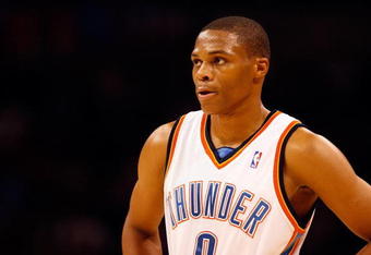 OKLAHOMA CITY - OCTOBER 29:  Russell Westbrook #0 of the Oklahoma City Thunder looks across the court during the game against the Milwaukee Bucks at the Ford Center on October 29, 2008 in Oklahoma City, Oklahoma. The Bucks won 98-87.  NOTE TO USER: User expressly acknowledges and agrees that, by downloading and/or using this Photograph, user is consenting to the terms and conditions of the Getty Images License Agreement.  (Photo by Chris Graythen/Getty Images)
