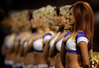 MINNEAPOLIS, MN - NOVEMBER 04:  The Minnesota Vikings cheerleaders observe the national anthem prior to facin the San Diego Chargers at the Hubert H. Humphrey Metrodome on November 4, 2007 in Minneapolis, Minnesota. The Vikings defeated the Chargers 35-17.  (Photo by Doug Pensinger/Getty Images)