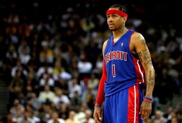 OAKLAND, CA - NOVEMBER 13: Allen Iverson #1 of the Detroit Pistons looks on against the Golden State Warriors during an NBA game on November 13, 2008 at Oracle Arena in Oakland, California. NOTE TO USER: User expressly acknowledges and agrees that, by downloading and or using this photograph, User is consenting to the terms and conditions of the Getty Images License Agreement. (Photo by Jed Jacobsohn/Getty Images)
