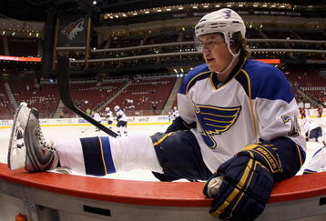 GLENDALE, AZ - APRIL 07:  T.J. Oshie #74 of the St. Louis Blues stretches  before a NHL game against the Phoenix Coyotes at Jobing.com Arena on April 7, 2009 in Glendale, Arizona.  (Photo by Christian Petersen/Getty Images)