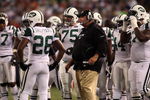 EAST RUTHERFORD, NJ - AUGUST 29:  Head coach Rex Ryan of the New York Jets looks on against the New York Giants on August 29, 2009 at Giants Stadium in East Rutherford, New Jersey.  (Photo by Jim McIsaac/Getty Images)