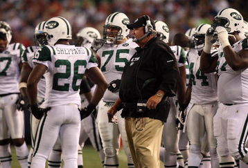 EAST RUTHERFORD, NJ - AUGUST 29:  Head coach Rex Ryan of the New York Jets looks on against the New York Giants on August 29, 2009 at Giants Stadium in East Rutherford, New Jersey.  (Photo by Jim McIsaac/Getty Images)