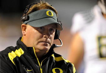BOISE, ID - SEPTEMBER 3:  Oregon Ducks head coach Chip Kelly looks out onto the field during the third quarter of the game against the Boise State Broncos on September 3, 2009 in Boise, Idaho. Boise State won the game 19-8. (Photo by Steve Dykes/Getty Images)