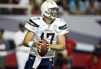 ATLANTA - AUGUST 29:  Quarterback Philip Rivers #17 of the San Diego Chargers drops back to pass during the game against the Atlanta Falcons at the Georgia Dome on August 29, 2009 in Atlanta, Georgia.  The Falcons beat the Chargers 27-24.  (Photo by Mike Zarrilli/Getty Images)