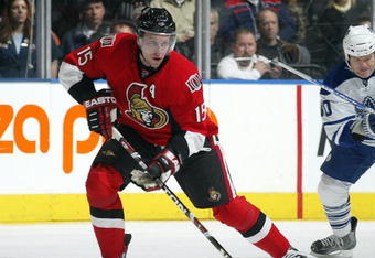 TORONTO - APRIL 11:  Dany Heatley #15 of the Ottawa Senators skates with the puck in a game against the Toronto Maple Leafs on April 11, 2009 at the Air Canada Centre in Toronto, Ontario. The Leafs defeated the Senators on the strength of a 3 goal performance by Boyd Devereaux #22. (Photo by Claus Andersen/Getty Images) 