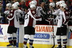 CHICAGO - MARCH 08:  Milan Hejduk #23 of the Colorado Avalanche celebrates with teammates on the bench after he scored a goal in the second period against the Chicago Blackhawks at the United Center on March 8, 2009 in Chicago, Illinois.  (Photo by Jonathan Daniel/Getty Images)