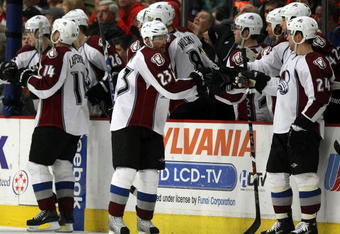 CHICAGO - MARCH 08:  Milan Hejduk #23 of the Colorado Avalanche celebrates with teammates on the bench after he scored a goal in the second period against the Chicago Blackhawks at the United Center on March 8, 2009 in Chicago, Illinois.  (Photo by Jonathan Daniel/Getty Images)
