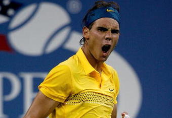 NEW YORK - SEPTEMBER 08:  Rafael Nadal of Spain reacts to a point against Gael Monfils of France during day nine of the 2009 U.S. Open at the USTA Billie Jean King National Tennis Center on September 8, 2009 in the Flushing neighborhood of the Queens borough of New York City.  (Photo by Matthew Stockman/Getty Images)
