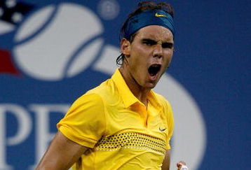 NEW YORK - SEPTEMBER 08:  Rafael Nadal of Spain reacts to a point against Gael Monfils of France during day nine of the 2009 U.S. Open at the USTA Billie Jean King National Tennis Center on September 8, 2009 in the Flushing neighborhood of the Queens borough of New York City.  (Photo by Matthew Stockman/Getty Images)