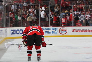 NEWARK, NJ - APRIL 28: A dejected Brian Gionta #14 of the New Jersey Devils leaves the ice after losing to the Carolina Hurricanes in Game Seven of the Eastern Conference Semifinal Round of the 2009 Stanley Cup Playoffs at the Prudential Center on April 28, 2009 in Newark, New Jersey. The Hurricanes defetaed the Devils 4-3. (Photo by Bruce Bennett/Getty Images)