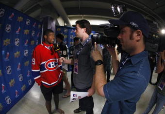 MISSISSAUGA, CANADA - AUGUST 26:  P.K. Subban of the Montreal Canadiens does an interview during the Upper Deck NHL Rookie Debut on August 26, 2009 at the Hershey Centre in Mississauga, Ontario.  (Photo By Dave Sandford/Getty Images)