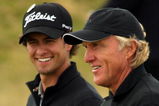 SOUTHPORT, UNITED KINGDOM - JULY 16:   Adam Scott and Greg Norman of Australia chat during the third practice round of the 137th Open Championship on July 16, 2008 at Royal Birkdale Golf Club, Southport, England. (Photo by Warren Little/Getty Images)