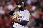 ST LOUIS - OCTOBER 26:  Fernando Rodney #59 of the Detroit Tigers wipes his face in the seventh inning against the St. Louis Cardinals during Game Four of the 2006 World Series on October 26, 2006 at Busch Stadium in St. Louis, Missouri.  (Photo by Elsa/Getty Images)
