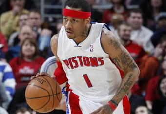 CLEVELAND - FEBRUARY 22:  Allen Iverson #1 of the Detroit Pistons brings the ball up court against the Cleveland Cavaliers on February 22, 2009 at the Quicken Loans Arena in Cleveland, Ohio. Cleveland won the game 99-78. NOTE TO USER: User expressly acknowledges and agrees that, by downloading and or using this photograph, User is consenting to the terms and conditions of the Getty Images License Agreement.  (Photo by Gregory Shamus/Getty Images)