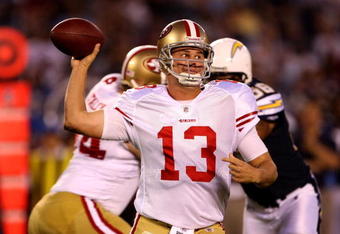 SAN DIEGO - SEPTEMBER 04:  Quarterback Shaun Hill #13 of the San Francisco 49ers throws a pass against the San Diego Chargers on September 4, 2009 at Qualcomm Stadium in San Diego, California.  (Photo by Stephen Dunn/Getty Images)