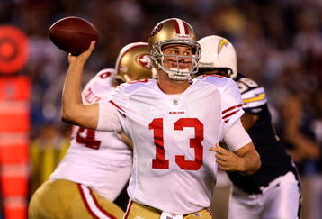 SAN DIEGO - SEPTEMBER 04:  Quarterback Shaun Hill #13 of the San Francisco 49ers throws a pass against the San Diego Chargers on September 4, 2009 at Qualcomm Stadium in San Diego, California.  (Photo by Stephen Dunn/Getty Images)