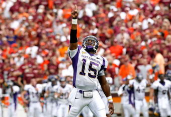 BLACKSBURG, VA - SEPTEMBER 01:  Quarterback Patrick Pinkney #15 of the East Carolina Pirates reacts after the Pirates scored a touchdown against the Virginia Tech Hokies on September 1, 2007 at Lane Stadium in Blacksburg, Virginia.  (Photo by Kevin C. Cox/Getty Images)