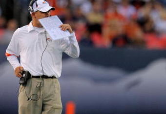DENVER - SEPTEMBER 03:  Head coach Josh McDaniels of the Denver Broncos walks the sideline as he faces the Arizona Cardinals during preseason NFL action at Invesco Field at Mile High on September 3, 2009 in Denver, Colorado. The Broncos defeated the Cardinals 19-0.  (Photo by Doug Pensinger/Getty Images)