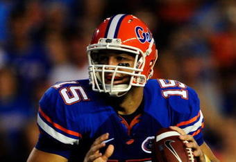 GAINESVILLE, FL - SEPTEMBER 05:  Tim Tebow #15 of the Florida Gators attempts a pass during the game against the Charleston Southern Buccaneers at Ben Hill Griffin Stadium on September 5, 2009 in Gainesville, Florida.  (Photo by Sam Greenwood/Getty Images)