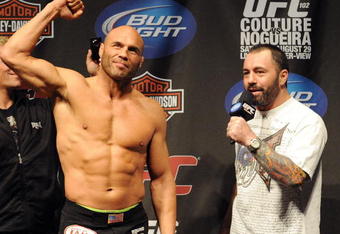 PORTLAND, OR - AUGUST 28: UFC heavyweight fighter Randy Couture (L) is interviewed by UFC commentator Joe Rogan at the UFC 102: Couture vs. Nogueira Weigh-In at the Rose Garden Arena on August 28, 2009 in Portland, Oregon. (Photo by Jon Kopaloff/Getty Images)