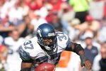 SAN FRANCISCO - SEPTEMBER 30:  Running back Shaun Alexander #37 of the Seattle Seahawks searches for a seam during a game against the San Francisco 49ers at Monster Park September 30, 2007 in San Francisco, California.  (Photo by Greg Trott/Getty Images)