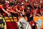 LOS ANGELES - SEPTEMBER 5:  Trojan mascot Traveller VII rider Hector Aguilar shakes hands with fans after a USC Trojans touchdown against the San Jose State Spartans on September 5, 2009 at the Los Angeles Coliseum in Los Angeles, California.   (Photo by Stephen Dunn/Getty Images)