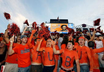 AUBURN, AL - SEPTEMBER 20: Auburn fans cheer as defensive lineman Sen'Derrick Marks #94 of the Auburn Tigers is announced prior to taking on the LSU Tigers missed a field goal at Jordan-Hare Stadium on September 20, 2008 in Auburn, Alabama. (Photo by Doug Benc/Getty Images)