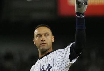 NEW YORK - SEPTEMBER 09:  Derek Jeter #2 of the New York Yankees acknowledges the crowd after hitting a single in the 7th inning against the Tampa Bay Rays during the game on September 9, 2009 at Yankee Stadium in the Bronx borough of New York City. Jeter's hit ties Lou Gehrig's all-time club record of 2,721 hits. (Photo by Jared Wickerham/Getty Images)