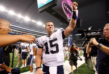 ARLINGTON, TX - SEPTEMBER 05:  Quarterback Max Hall #15 of the Brigham Young Cougars celebrates a 14-13 win against the Oklahoma Sooners at Cowboys Stadium on September 5, 2009 in Arlington, Texas.  (Photo by Ronald Martinez/Getty Images)