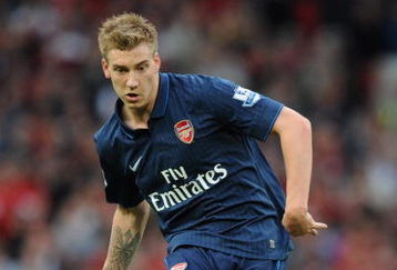 MANCHESTER, UNITED KINGDOM - AUGUST 29:   Nicklas Bendtner of Arsenal in action during the Barclays Premier League match between Manchester United and Arsenal at Old Trafford on August 29, 2009 in Manchester, England. (Photo by Laurence Griffiths/Getty Images)