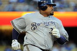 LOS ANGELES, CA - AUGUST 5:  Prince Fielder #28 of the Milwaukee Brewers grounds out against the Los Angeles Dodgers during the first inning at Dodger Stadium August 5, 2009 in Los Angeles, California.  (Photo by Harry How/Getty Images)