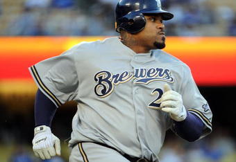 LOS ANGELES, CA - AUGUST 5:  Prince Fielder #28 of the Milwaukee Brewers grounds out against the Los Angeles Dodgers during the first inning at Dodger Stadium August 5, 2009 in Los Angeles, California.  (Photo by Harry How/Getty Images)