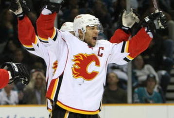 SAN JOSE, CA - APRIL 22: Jarome Iginla #12 of the Calgary Flames celebrates after scoring a goal in the first period against the San Jose Sharks during game seven of the 2008 NHL conference quarter-final series on April 22, 2008 at HP Pavilion at San Jose in San Jose, California.  (Photo by Jed Jacobsohn/Getty Images)