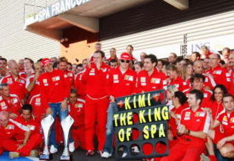 SPA FRANCORCHAMPS, BELGIUM - AUGUST 30:  Kimi Raikkonen of Finland and Ferrari celebrates with team mates in the pitlane after winning the Belgian Grand Prix at the Circuit of Spa Francorchamps on August 30, 2009 in Spa Francorchamps, Belgium.  (Photo by Mark Thompson/Getty Images)