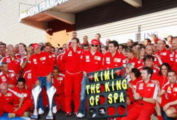 SPA FRANCORCHAMPS, BELGIUM - AUGUST 30:  Kimi Raikkonen of Finland and Ferrari celebrates with team mates in the pitlane after winning the Belgian Grand Prix at the Circuit of Spa Francorchamps on August 30, 2009 in Spa Francorchamps, Belgium.  (Photo by Mark Thompson/Getty Images)