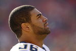KANSAS CITY - DECEMBER 2:  Shawne Merriman #56 of the San Diego Chargers looks on during the NFL game against the Kansas City Cheifs at Arrowhead Stadium on December 2, 2007 in Kansas City, Missouri. (Photo by Jamie Squire/Getty Images)
