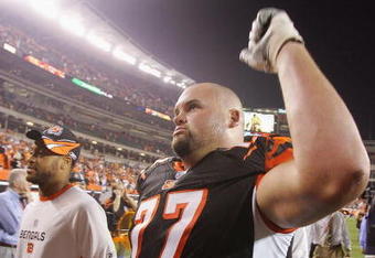 CINCINNATI - SEPTEMBER 10: Andrew Whitworth #77 of the Cincinnati Bengals celebrates after defeating the Baltimore Ravens during their season opening game on September 10, 2007 at Paul Brown Stadium in Cincinnati, Ohio. The Bengals defeated the Ravens 27-20.  (Photo by Jim McIsaac/Getty Images)  