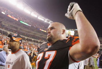 CINCINNATI - SEPTEMBER 10: Andrew Whitworth #77 of the Cincinnati Bengals celebrates after defeating the Baltimore Ravens during their season opening game on September 10, 2007 at Paul Brown Stadium in Cincinnati, Ohio. The Bengals defeated the Ravens 27-20.  (Photo by Jim McIsaac/Getty Images)  