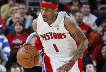 CLEVELAND - FEBRUARY 22:  Allen Iverson #1 of the Detroit Pistons brings the ball up court against the Cleveland Cavaliers on February 22, 2009 at the Quicken Loans Arena in Cleveland, Ohio. Cleveland won the game 99-78. NOTE TO USER: User expressly acknowledges and agrees that, by downloading and or using this photograph, User is consenting to the terms and conditions of the Getty Images License Agreement.  (Photo by Gregory Shamus/Getty Images)