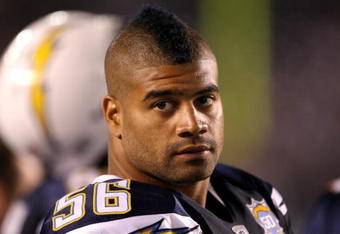LOS ANGELES, CA - SEPTEMBER 05:  Linebacker Shawne Merriman #56 of the San Diego Chargers sits on the bench during the game with the San Francisco 49ers on September 4, 2009 at Qualcomm Stadium in San Diego, California. The Chargers won 26-7.  (Photo by Stephen Dunn/Getty Images)