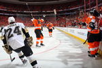 PHILADELPHIA - APRIL 25: Daniel Briere #48 of the Philadelphia Flyers celebrates his goal against the Pittsburgh Penguins with his teammates during Game Six of the Eastern Conference Quarterfinal Round of the 2009 NHL Stanley Cup Playoffs at the Wachovia Center on April 25, 2009 in Philadelphia, Pennsylvania. (Photo by Jim McIsaac/Getty Images)