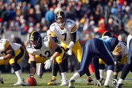 NASHVILLE, TN - DECEMBER 21: Quarterback Ben Roethlisberger #7 of the Pittsburgh Steelers calls the play at the line of scrimmage during the game against the Tennessee Titans on December 21, 2008 at LP Field in Nashville, Tennessee. (Photo by: Streeter Lecka/Getty Images)